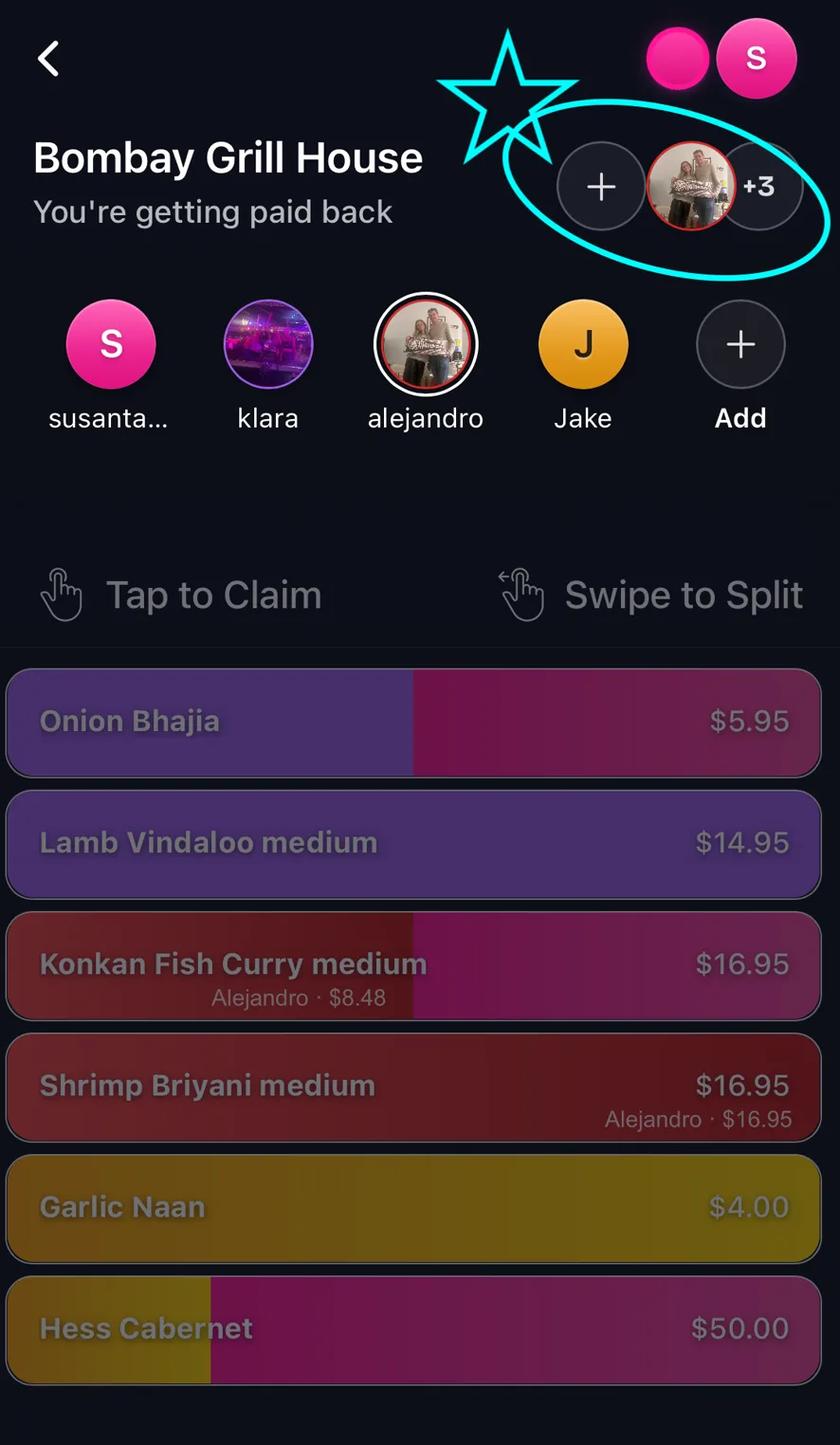 A Tabster receipt with the + button in the top right circled — that is where you pick which friend to claim items for.