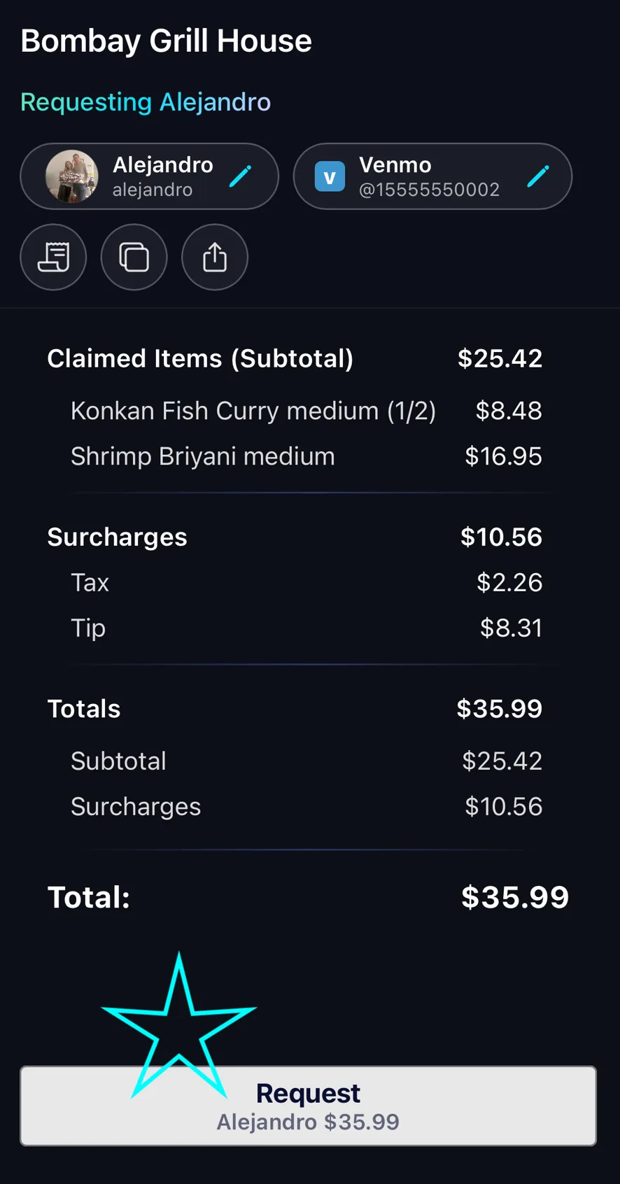 The request review page for Alejandro — claimed items, surcharges and a $35.99 total, with the Request button at the bottom highlighted.