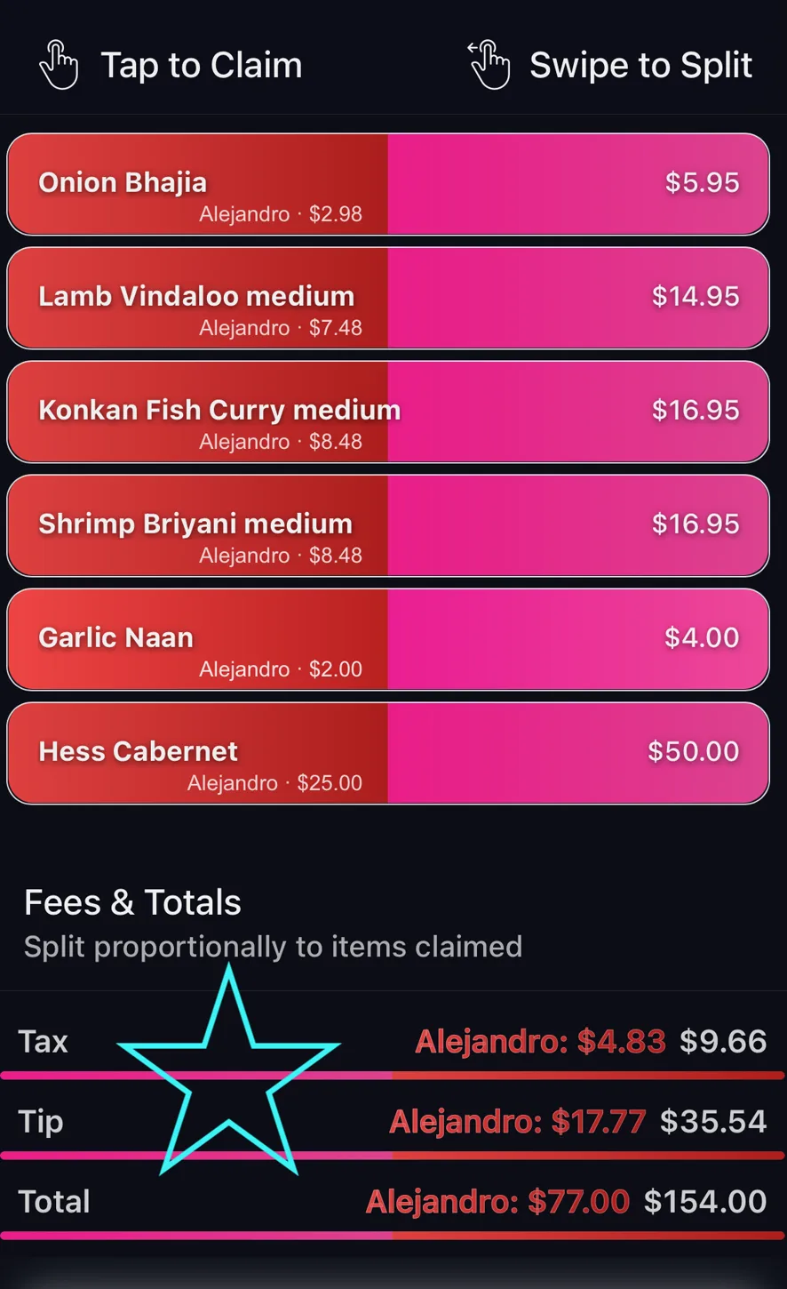 A receipt with claimed items above a "Fees & Totals — split proportionally to items claimed" panel, showing each person's share of tax, tip and total.