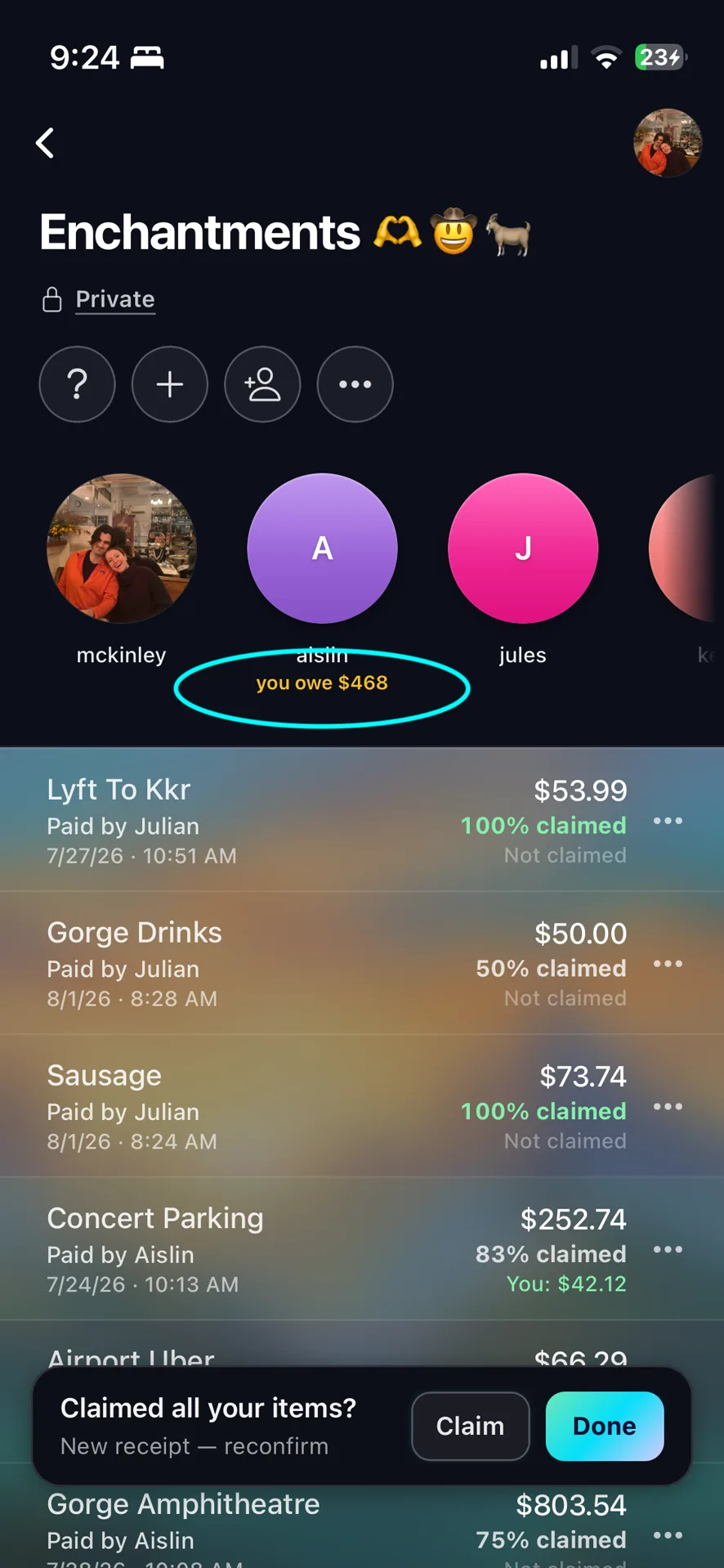 A Tabster trip page with the running difference shown under each person — "you owe $468" highlighted beneath one member — above the trip’s receipts and how much of each is claimed.